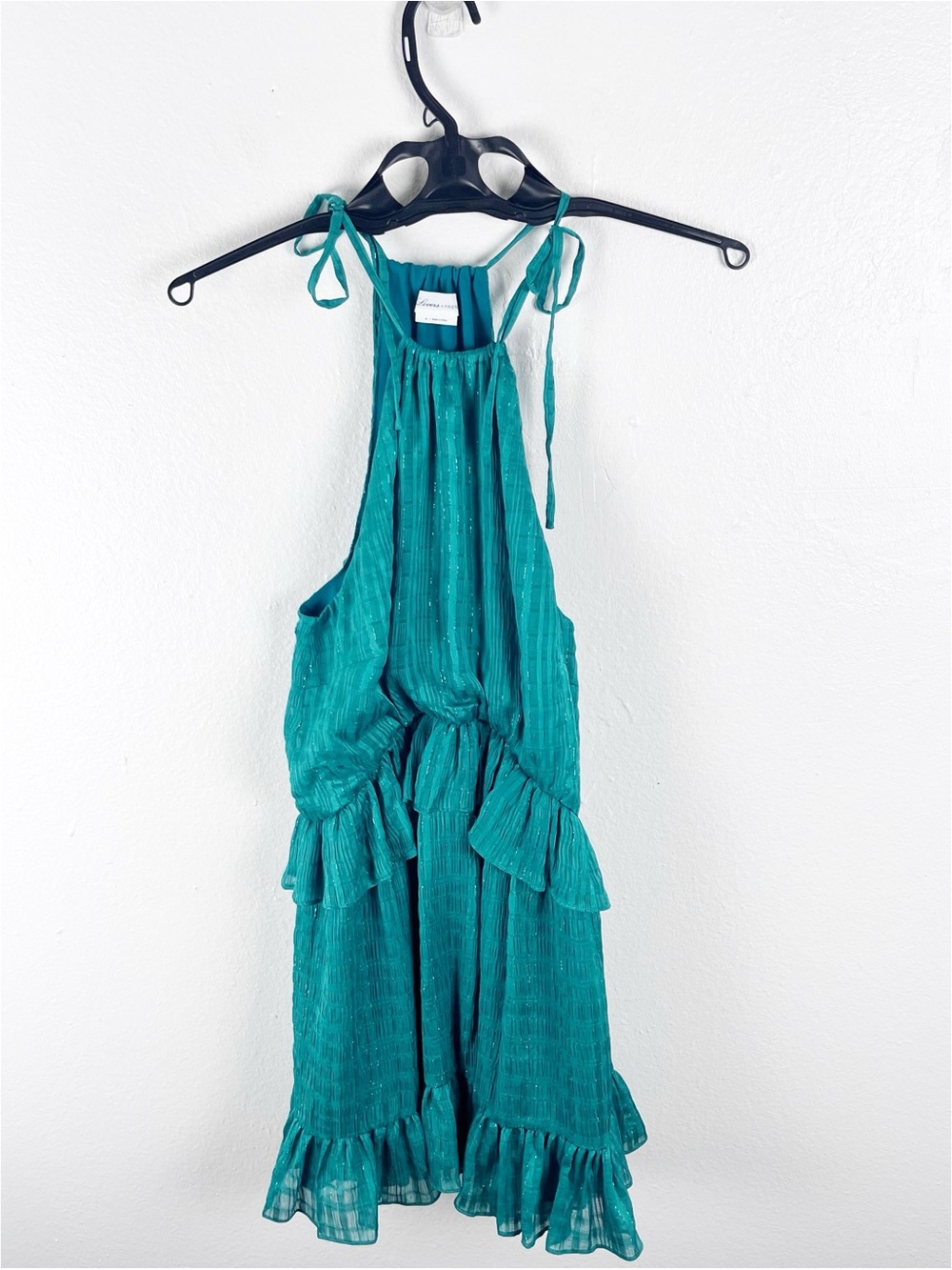 LOVERS + FRIENDS Green High Neck Shoulder Tie Straps Ruffle Trim Dress Medium